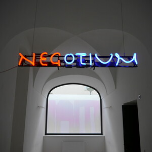 Michael Endlicher,  NegOtium, 2024,  Neonapparatur, 100x16cm, Ausstellungsansicht: Michael Endlicher: ZEICHEN SPRACHE IRONIE, KULTUM Graz, 11. Mai bis 13. Juli 2024, Kurator: Johannes Rauchenberger