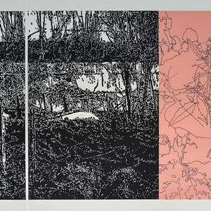 Peter Angerer: „Gstettn“, Foto,1988, Radierungen, 2004/21, Hochdrucke/Schablonentext, Zeichnung, 2020-23