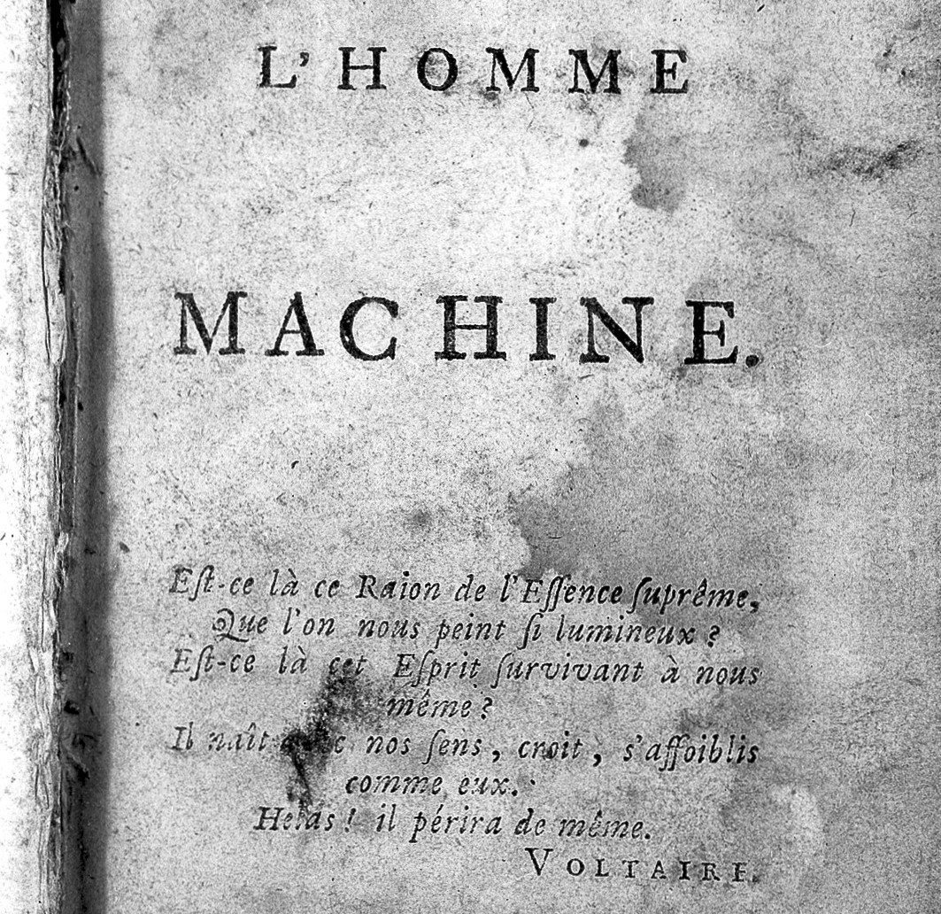 Buch-Frontseite: La Mettrie, L'homme machine, 1748Credit: Wellcome Library, London. Wellcome Imagesimages@wellcome.ac.ukhttp://wellcomeimages.orgTitle pageL'homme machineLa Mettrie, Julien Offray dePublished: 1748Copyrighted work available under Cre