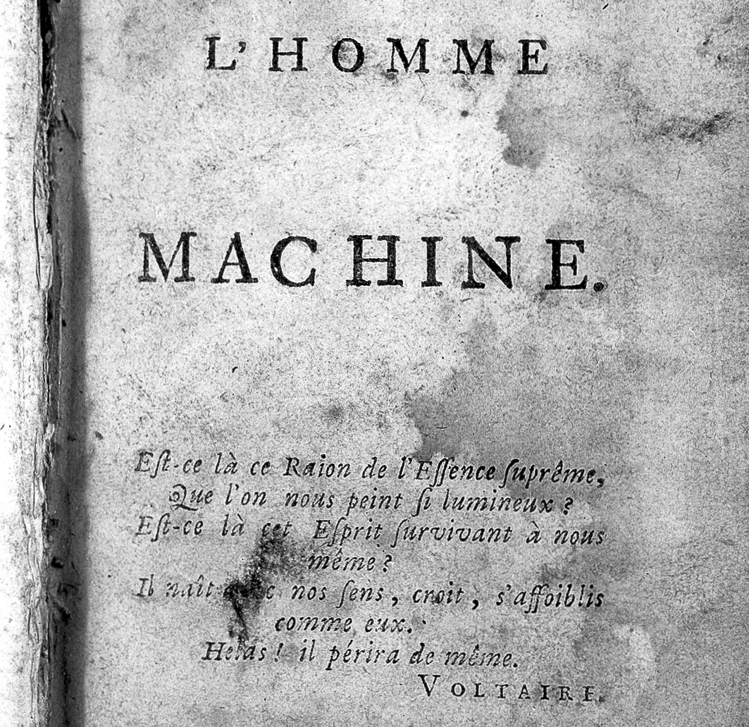 Buch-Frontseite: La Mettrie, L'homme machine, 1748Credit: Wellcome Library, London. Wellcome Imagesimages@wellcome.ac.ukhttp://wellcomeimages.orgTitle pageL'homme machineLa Mettrie, Julien Offray dePublished: 1748Copyrighted work available under Cre