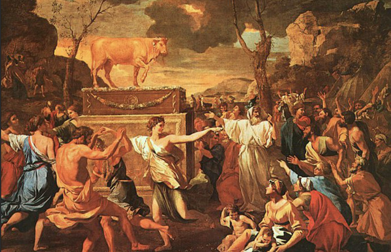 Nicolas Poussin, Die Anbetung des goldenen Kalbes,  c. 1635, Öl/Lwd.  The National Gallery, London