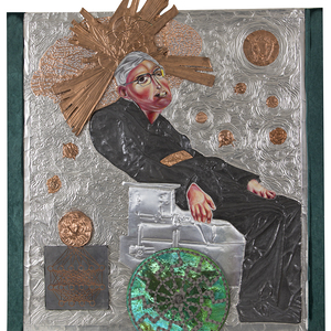 Henry Jesionka: Black holes, 2023, 1,5 m x 1,35 m x 20 cm, Acryl auf Leinwand, Aluminium, Kupfer, Kupferoxid, Blei, bearbeiteter Stahl und Oxid, Magnete, Eisenspäne, Nägel, Glasbausteine, Glas. Foto: Jesionka