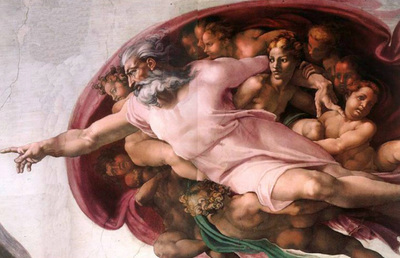 MICHELANGELO Buonarroti, Erschaffung des Menschen, Detail- Gott, 1510, Fresko, 280 x 570 cm, Sixtinische Kapelle, Vatikan
