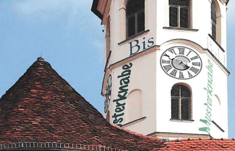 Gustav Troger wählt aus der Farbkarte von ADLER 50 Farben und Begriffe und überzieht das Kirchenäußere mit Worten.