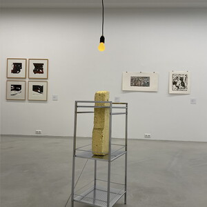 Alfredo BARSUGLIA (*1985)Die goldene Grenze, 201830x45x90 cmGrenzstein, Blattgold, Metallregal, Gl?hbirne, VerkabelungGrenzstein AB/I 6KULTUMUSEUM Graz, Sammlung Wolf WN: 05002