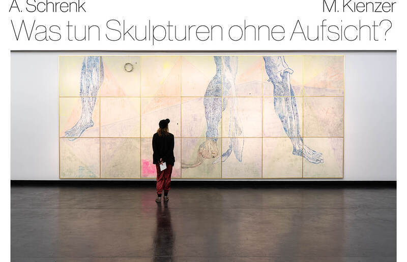 Bild: Anneliese Schrenk: no more kings, queens …, 2024-25, je 1 m2 (21-teilig) |  303x707cm, Leder/Ausstoßhaut auf Keilrahmen, Beine tätowiert + pigmentiert, Hintergrund tätowiert, aufgeraut, gebrannt, pigmentiert, künstliche Wimpern, Rubbeltattoo, U