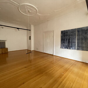 Wilhelm Scheruebl Wege, 2023  Schuhb?nder: Tauschobjekte von Besuchenden, Holzring 144 Minusaquarelle, je 15x20 cm Rauminstallation  Sonnenblumenschatten hell, I, 2022/23 Tusche auf Transparentpapier,  29x42 cm 