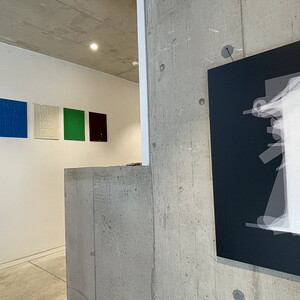 Michael Endlicher, Initiale 1/sw, 2024, 75x60 cm, UV-Digitaldruck auf Dibond, Auflage: 7+2, Ausstellungsansicht: Michael Endlicher: ZEICHEN SPRACHE IRONIE, KULTUM Graz, 11. Mai bis 13. Juli 2024, Kurator: Johannes Rauchenberger