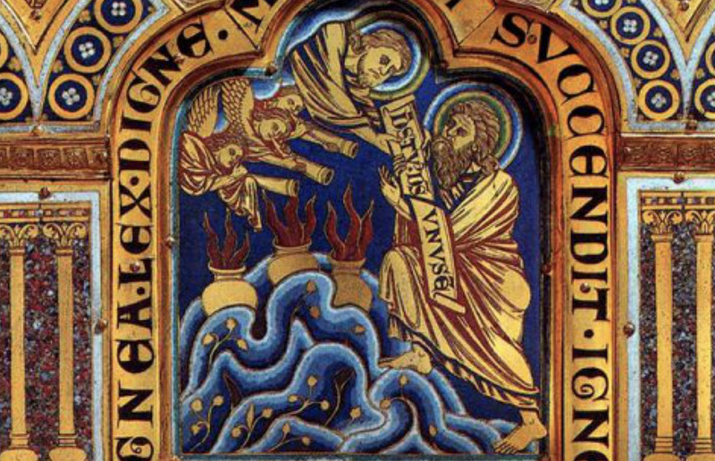 NICOLAS von VERDUN Moses am Berg Sinai, 1181 Getriebenes Kupfer, Email, G14 x 10 cm Augustiner Chorherrenstift, Klosterneuburg