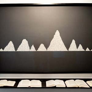 Jochen Höller, * 1977 in Amstetten (AT), lebt in Wien (AT), Wissen : Glauben, 2016, Collage, Papier auf Karton, gerahmt: 114,6 x 182,5 cm; Auf der Ablage: (Holz): 182,5 x 18 cm: Die Bibel, die Lehren des Buddha, der Koran, die Upanishaden, die Tor