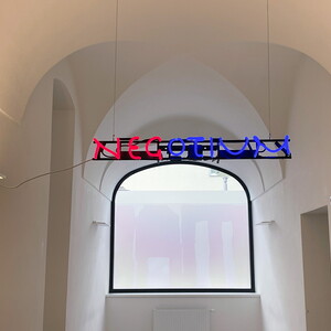 Michael Endlicher,  NegOtium, 2024,  Neonapparatur, 100x16cm, Ausstellungsansicht: Michael Endlicher: ZEICHEN SPRACHE IRONIE, KULTUM Graz, 11. Mai bis 13. Juli 2024, Kurator: Johannes Rauchenberger
