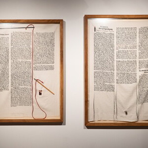 Hannes Priesch, *1954 in Volkersdorf (AT), lebt in  Semriach (AT), Sebastian, Agnes, aus: Göttlicher Humor, 2017, Reliquien: Blut, Pfeilspitzen, Kordel; 98 × 81 cm,Reliquien: Blut, Haare; 106 × 81 cm,Bleistift, Acrylstifte auf Naturseide, Reli