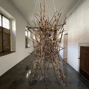 Wilhelm Scheruebl OIKOS ? das Gewicht der Welt, 2023  Sonnenblumenst?ngel,  (Installation aus Salzburg, 2022) 55x120x140 cm  Objekt 