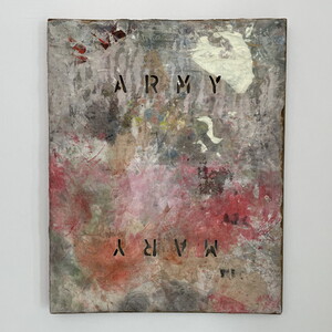 Michael ENDLICHER, Votivbild (Army/Mary), 2007, 50x40 cm, Stoff, Acryl auf Leinwand, Buchstaben ausgestanzt, Ausstellungsansicht: Michael Endlicher: ZEICHEN SPRACHE IRONIE, KULTUM Graz, 11. Mai bis 13. Juli 2024, Kurator: Johannes Rauchenberger