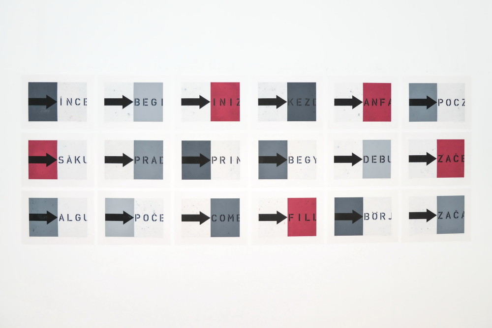 Peter Angerer: „Anfang“, Grafikunikate, Flachdruck, Schablonendruck, Schablonentext, 30cm x 40cm (Papier), 2020