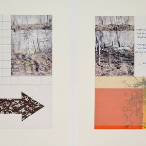 Peter Angerer: „Gstettn“, Foto,1988, Radierungen, 2004/21, Hochdrucke/Schablonentext, Zeichnung, 2020-23