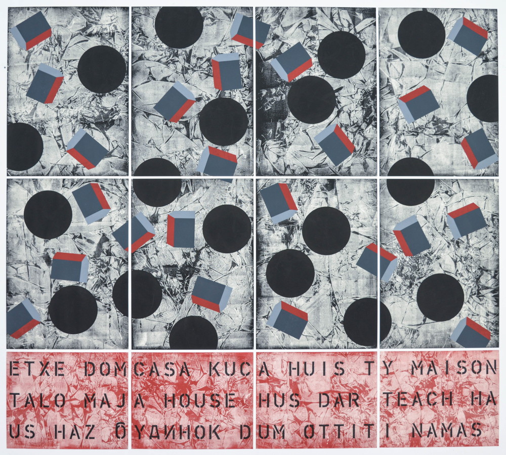 Peter Angerer: „Tilted Houses 01“, 2022, Grafikserie/Unikate mit je mehrteiligen Blöcken, Monotypie, Elementendruck, Schablonentext, Zeichnung 