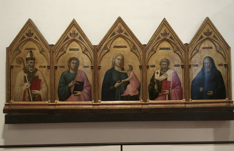 Altarretabel Giotto (ca. 1265-1337) Madonna mit Kind mit den Hll. Nikolaus, Johannes Evangelist, Petrus und Benedikt, 1295-1300 Uffizien, Florenz
