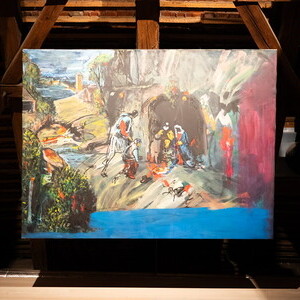 Guillaume Bruère, * 1976 in Châtellerault (FR), lebt in Berlin (DE), 01.12.2020, after Giorgione, The Adoration of the shepherds, painted in Berlin, Acryl und Ölkreide auf Leinwand, 150 x 200 cm, KULTUMUSEUM Graz, aus: Guillaume Bruère: DEAD & AL