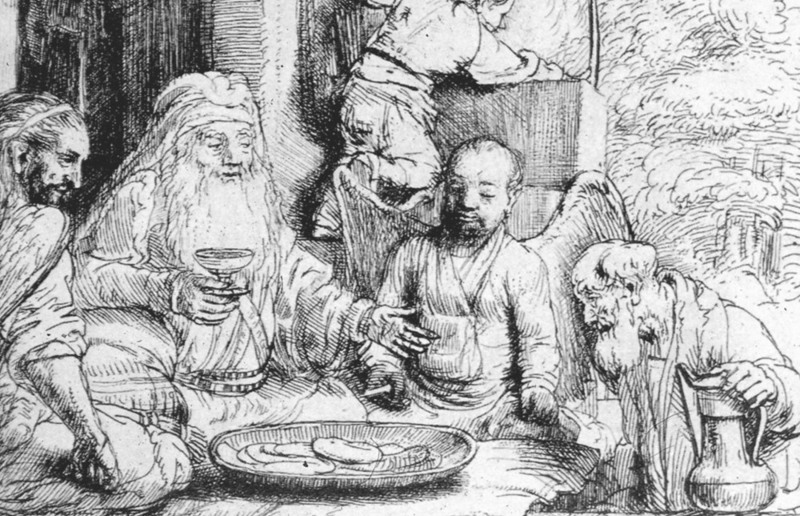 Rembrandt, Abrahams Gastfreundschaft, B 29, Radierung, 16 x 31 cm, 1656  