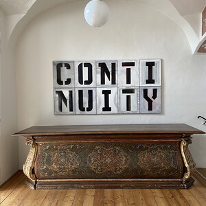 Michael Endlicher, DISRUPTION - CONTINUITY, Buchstabenbilder, 2024, Sprühlack, Acryl auf Leinwand, je 50x40 cm, verschraubt, Ausstellungsansicht: Michael Endlicher: ZEICHEN SPRACHE IRONIE, KULTUM Graz, 11. Mai bis 13. Juli 2024