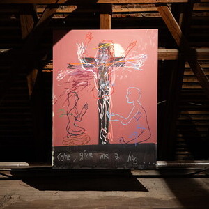 Guillaume Bruère* 1976 in Châtellerault (FR), lebt in Berlin (DE), 04.04.2017, Acryl, Ölkreide auf Leinen, 200 x 150 cm, KULTUMUSEUM Graz, aus: Guillaume Bruère: DEAD&ALIVE. Alte Meister (2021)