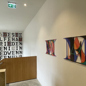 Michael ENDLICHER, aWomen und aMen, 2017, je 45x70 cm, Digitaldruck, Acrylglas gefräst, Auflage: 3+1, KULTUMUSEUM Graz, aus: SPIRO - SPERO (2017) hinten: Michael ENDLICHER, HERZMARY, 2024, Wandinstallation, ca. 370x327 cm