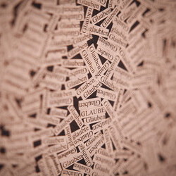 Jochen Höller,  * 1977 in Amstetten (AT), lebt in Wien (AT),  Wissen : Glauben, 2016,  Collage, Papier auf Karton, gerahmt: 114,6 x 182,5 cm; Auf der Ablage: (Holz): 182,5 x 18 cm: Die Bibel, die Lehren des Buddha, der Koran, die Upanishaden, die Tor