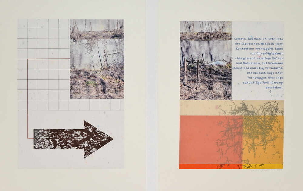 Peter Angerer: „Gstettn“, Foto,1988, Radierungen, 2004/21, Hochdrucke/Schablonentext, Zeichnung, 2020-23