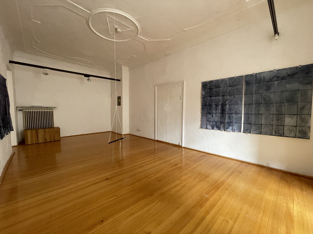 Wilhelm Scheruebl Wege, 2023  Schuhb?nder: Tauschobjekte von Besuchenden, Holzring 144 Minusaquarelle, je 15x20 cm Rauminstallation  Sonnenblumenschatten hell, I, 2022/23 Tusche auf Transparentpapier,  29x42 cm 