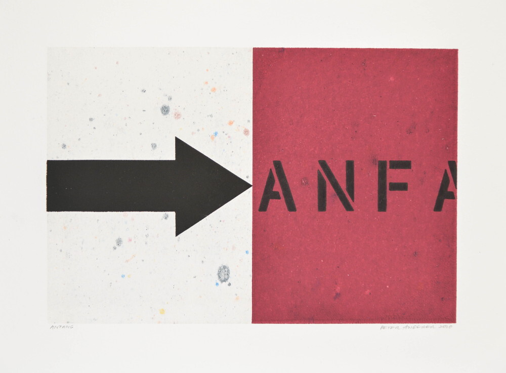 Peter Angerer: „Anfang“, Grafikunikate, Flachdruck, Schablonendruck, Schablonentext, 30cm x 40cm (Papier), 2020