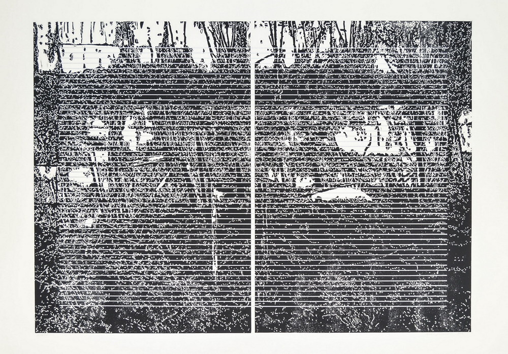 Peter Angerer: „Gstettn“, Foto,1988, Radierungen, 2004/21, Hochdrucke/Schablonentext, Zeichnung, 2020-23