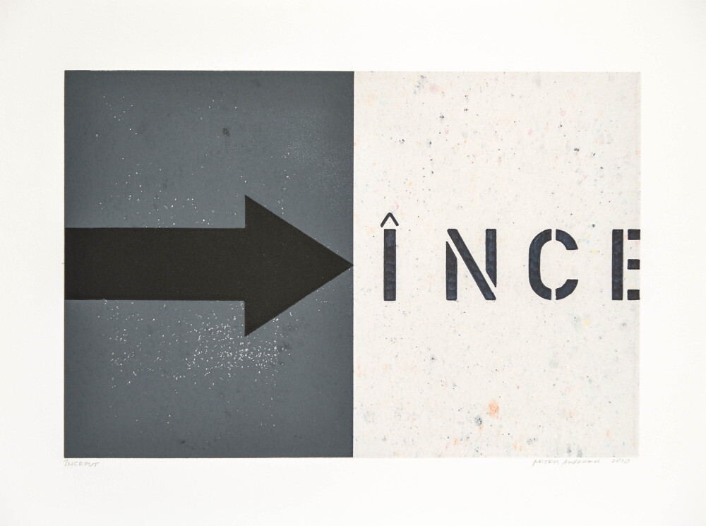 Peter Angerer: „Anfang“, Grafikunikate, Flachdruck, Schablonendruck, Schablonentext, 30cm x 40cm (Papier), 2020