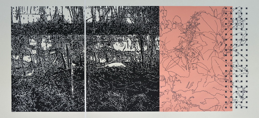 Peter Angerer: „Gstettn“, Foto,1988, Radierungen, 2004/21, Hochdrucke/Schablonentext, Zeichnung, 2020-23