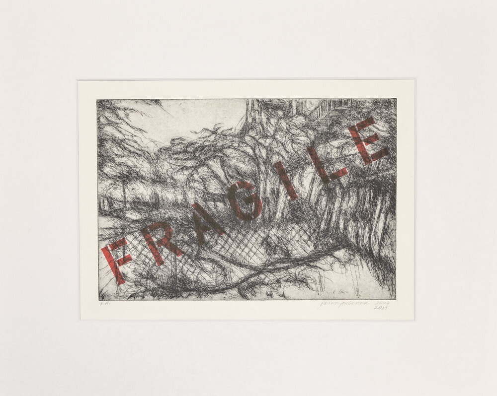 Peter Angerer: „Gstettn“, Foto,1988, Radierungen, 2004/21, Hochdrucke/Schablonentext, Zeichnung, 2020-23