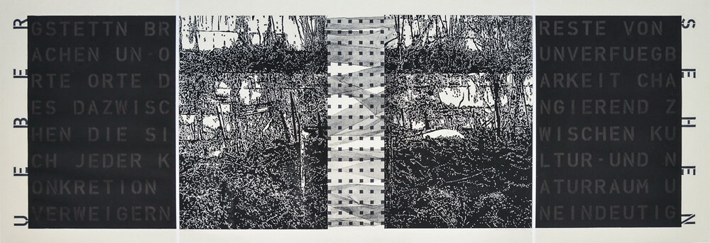 Peter Angerer: „Gstettn“, Foto,1988, Radierungen, 2004/21, Hochdrucke/Schablonentext, Zeichnung, 2020-23